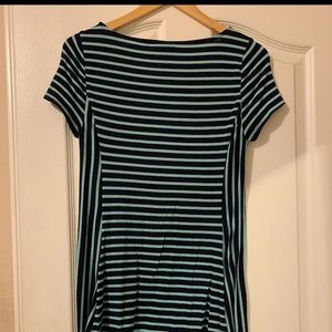 Blue striped short sleeve midi dress.